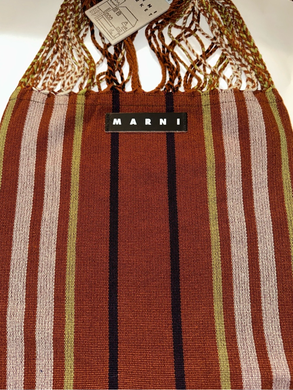 Marni Market Hammock Brown & Green Striped Knit Tote